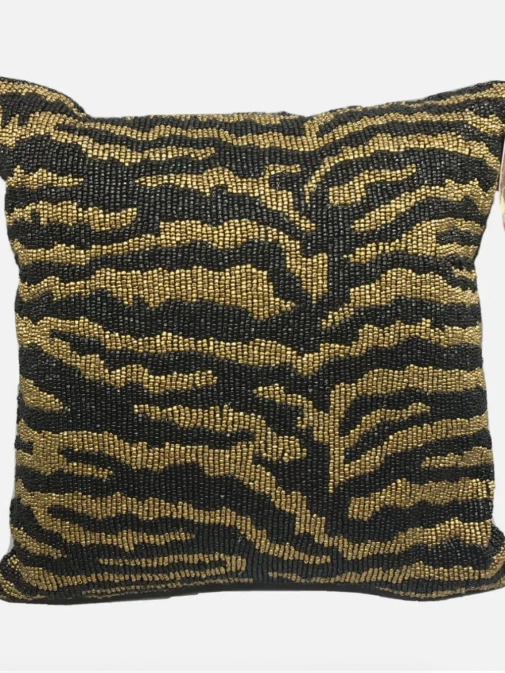 Jewel of Mumbai Tiger Stripe Beaded Throw Pillow Gold Black Animal Print 14
